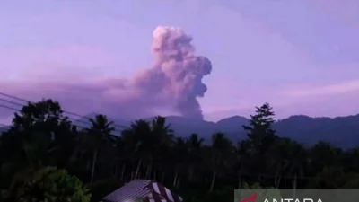 Erupsi gunung Dukono di Halmahera Utara, Maluku Utara memuntahkan abu vulkanik setinggi 1.400 meter di atas puncak, Senin (20/4/2026). ANTARA/HO-Badan Geologi/am.