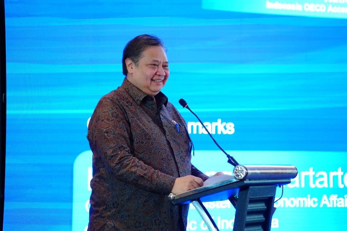 Menko Perekonomian Airlangga Hartarto dalam acara National Seminar on Indonesia OECD Accession and Private Sector Implications di Jakarta, Selasa (21/4/2026).(Dok. Kemenko Perekonomian)